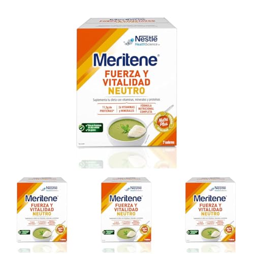 Meritene | Fuerza y Vitalidad |Sabor Neutro | Fuerza para tus Músculos, Vitalidad para ti | Solución Nutricional para Adultos con Proteínas, Vitaminas y Minerales| 7 Sobres | 350 gr (Paquete de 4)