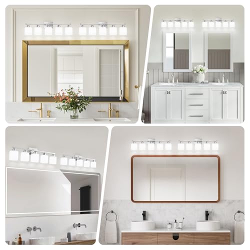 Image of 5 Light Bathroom Light Fixtures Brushed Nickel,Anti-Rust Finish Bathroom Vanity Light with Milky White Frosted Glass Shade for Mirror Bedroom Living Room E26 Base