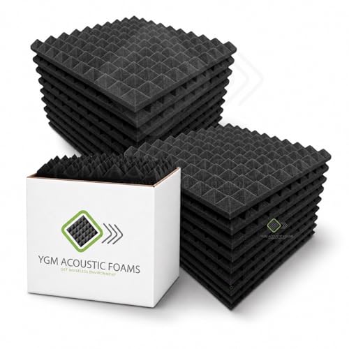 Image of YGM Acoustic Foams Pyramid Acoustic Panels 1 Foot x 1 Foot x 1 inch Thick | 50 Density Acoustical Sound Proof Foam for Room & Studio | Echo Reduction & Noise Absorption (Charcoal Black, Set of 18)
