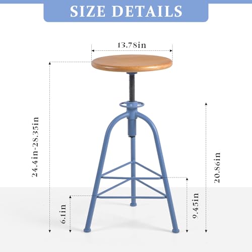 Butacos de Bar, Juego de 2 Butacos de Madera Sólida y Metal, Ajustables en Altura (24"-28.35"), Giratorios, Asiento Redondo, 3 Patas, Base Azul y Tapizado en Roble miniatura 3