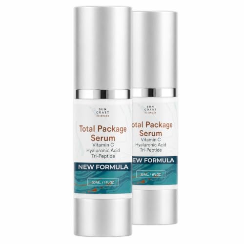 Sun Coast Sciences - Total Package Serum - Vitamin C Serum with Hyaluronic Acid & Peptides for Face - Hydrating Anti Aging Face Serum for Smoother Firmer Looking Skin - 1 Fl Oz (Pack of 2)