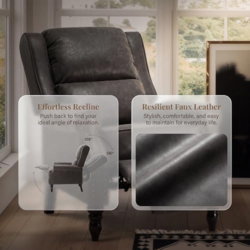 Image of Leather Recliner Chair, Pushback Recliner Chair with Adjustable Backrest Footrest, Mid Modern Reclining with Overstuffed Arms Lumbar Support for Reading, Living Room, Black