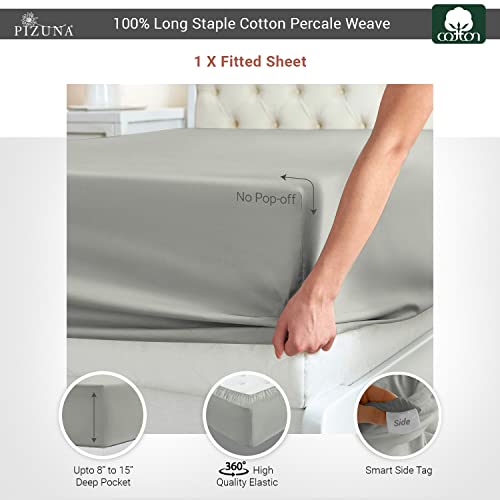 Pizuna Cotton Percale Double Fitted Sheet Silver,100% Long Staple Combed CottonFitted Bed Sheets Double 140x200 cm,Percale Weave 40 cm Deep Fitted Sheets for Double Bed 1 PC Silver - Image 3