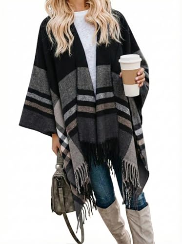 Image of Bestshe Women's Boho Open Front Poncho Plaid Shawl Wrap Cape | Tassel Cardigan Sweater, Cozy Layering, Fall Winter Clothes for Women