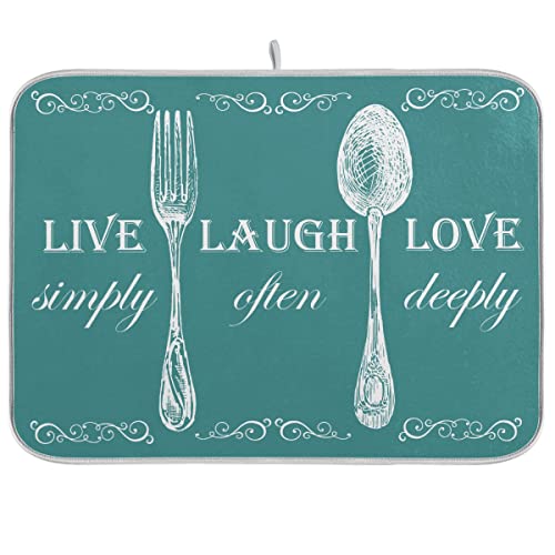 Dark Teal Absorbent Dish Drying Mat Live Laugh Love Microfiber Dish Dryer Mats For Kitchen Counter 16 X 18 Inch #TOP24