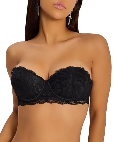 Image of Strapless Bra Push Up Lace Padded Convertible Multiway Underwire Bras Add 1 Cup