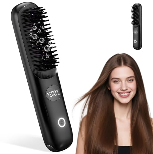 Brosse Lissante Sans Fil, Brosse Chauffante Lissante Portable 200 Millions D'ions Négatifs Anti-BrûLure avec 3 Températures Réglables, Mini Lisseur Rechargeable pour Maison, Voyage