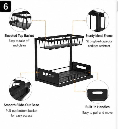 Highline Supply - Under Sink Organizer, 2-Pack, Kitchen Pantry Closet Bathroom Organization, Sliding Pull-Out Cabinet Organizing Rack, Metal Made for Durability, Black