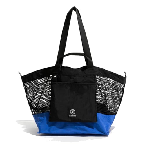 Reversible Mesh Canvas Tote Bag - Two-Tone Patchwork Shoulder Bag, Lightweight & Foldable for Beach, Gym, Travel