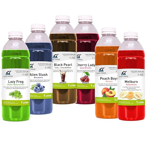 Slush-Sirup Eis 6×1 L Neon-Line Deluxe Set Party | Lazy Frog (Waldmeister), Alien Slush (Blaubeere), Black Pearl (Cola mild), Cherry Lady (Sauerkirsche), Peach Boys (Pfirsich), Melburn (Galiamelone)