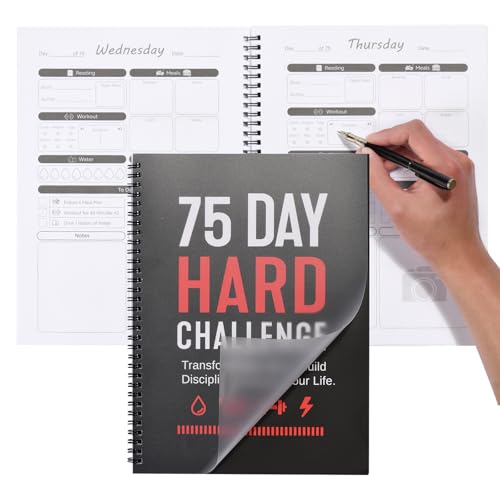 75 Hard Challenge Book, All-in-One Daily Progress Journal, Fitness Hydration Sleep Tracker, Thick Paper & Waterproof Spiral Planner for Home Gym Outdoor Use