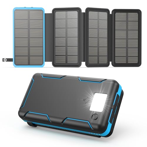 A ADDTOP Solar Power Bank - 25000 mAh Solar PowerBank mit 4 Solarpanels - 3.0A Schnelllade Ladegerät Tragbare Akkupack Externe Handyakkus mit 3 Ausgangs für Smartphone Tablet