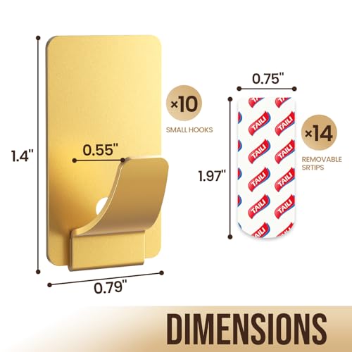 Image of TAILI Hooks for Hanging 10 Metal Sticky Hooks and 14 Adhesive Strips Gold