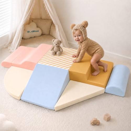 BlueWood Baby Foam Climbing Blocks, 7-Piece Soft Play Set for Crawling