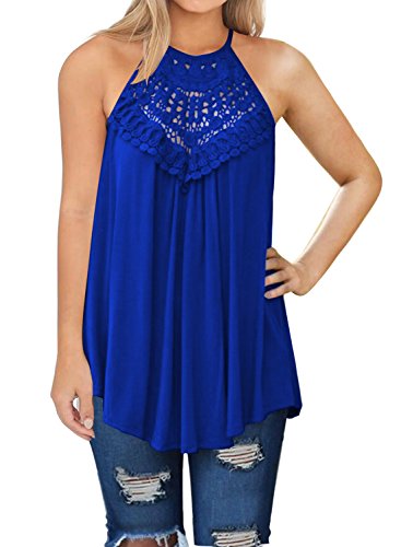 MIHOLL Women s Casual Cami Shirt Sleeveless Tank Top Basic Lace Tops (Blue, Medium)