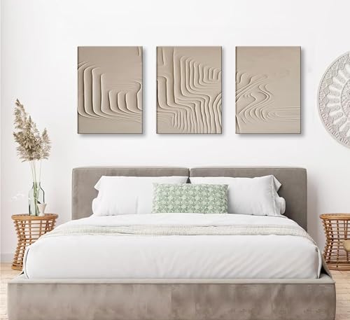 3Pcs Framed Beige Cream Abstract Textured Line Art Curved Canvas Wall Art Prints Posters Pictures Paintings Wall Decor for Minimalist Boho Living Room Bedroom Office Decoration by Burshley - Used condition - Image 2