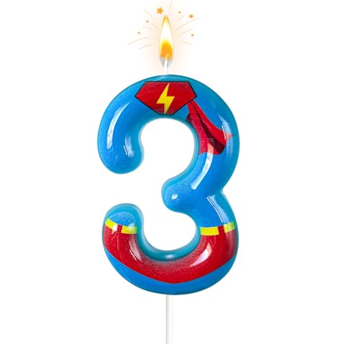 ToonGlow Blue Red Hero Birthday Candles Cartoon Hero Number Candles Ideal for Hero Theme Parties Birthday Celebrations Anniversary Events Party Decorations and Cake Toppers (Blue Red 3)