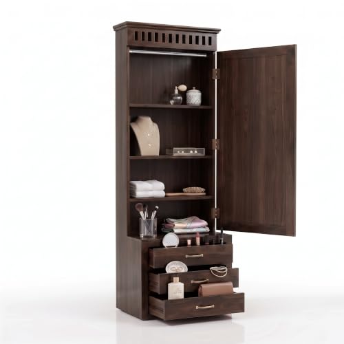 Image of SONA ART & CRAFTS Solid Sheesham Wood Dressing Table with Storage Mirror & 3 Drawers, & 1 Door Storage for Living Room Bedroom Wooden Make Up Vanities Dresser for Bedroom Home (Walnut Finish)