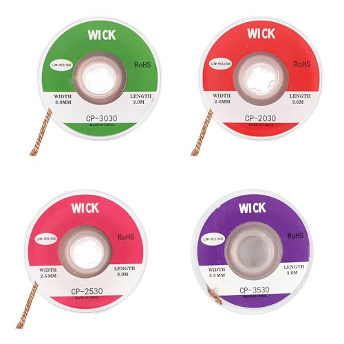 Yuannee Malla Desoldadora,4 PCS Malla Desoldadora de Cobre sin Limpieza 2mm 2.5mm 3mm 3.5mm Trenza de Mecha para Quitar Soldadura Eliminación de Estaño con Flujo Reparación Electrónica