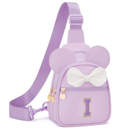 Image of Initial Sling Bag Crossbody Purse for Kids Girls Age 3-8 | Personalized Initial Creates A Thoughtful Gift, Soft Vegan Leather, Adjustable Strap & 3 Pockets for Kids Girls 3-8, Purple I