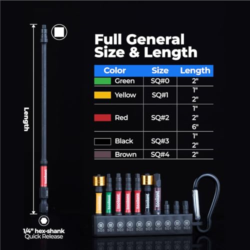 Image of toolant Square Drive Bit Set, Square Impact Driver bits S2 Steel, Robertson Driver Bits Magnetic CNC Tips, Square 2 Impact Bit 1 /4 inch Hex-Shank with Storage Box, 10pcs SQ2 6 inch Long