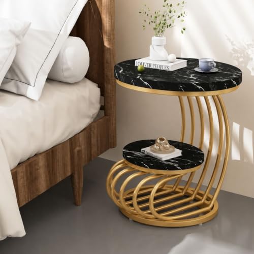 Image of Modern Double-Top Coffee Table with Rustic Farmhouse Accent, Multipurpose Living Room Bedroom, Two-Tier Small Sofa Side Bedside Table with Metal Frame Nightstand (Black God Mg)
