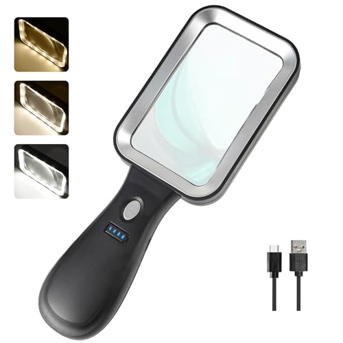 10X Magnifying Glass with Light Rechargeable Magnifier with 3 Color Modes Lighted Magnifying Glass Handheld for Seniors Reading Low Vision Inspection Close Work
