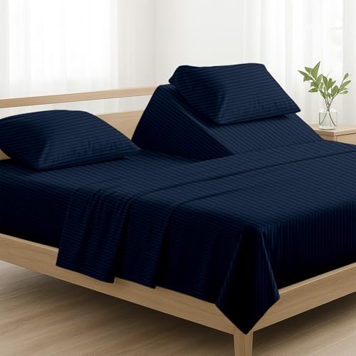 NON Sticky cotton 4 Piece Top Split King Sheets Sets for Adjustable Bed, 100% Egyptian Cotton Bed Sheets, 34" Flex Head Fitted Sheet, Fits 18" Deep Mattress, 78" x 80", Navy Blue Stripe