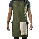 Asaya Chef & BBQ Apron with Pockets - Cross Back Canvas Cooking Apron for Women and Men, Adjustable Work & Grilling Aprons with Pocket, Bottle Opener and Hand Towel, 10oz Cotton Canvas (Green)