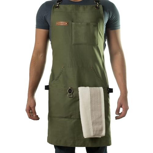 Asaya Chef & BBQ Apron with Pockets - Cross Back Canvas Cooking Apron for Women and Men, Adjustable Work & Grilling Aprons with Pocket, Bottle Opener and Hand Towel, 10oz Cotton Canvas (Green)