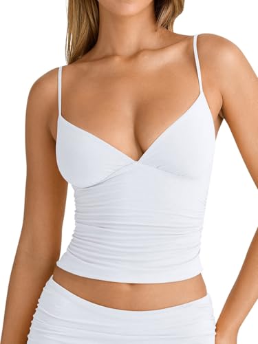 PINKMSTYLE Womens Basic V Neck Spaghetti Strap Tank Top Double Lined Sleeveless Crop Cami Tank Tops Y2k Going Out Tops White Medium