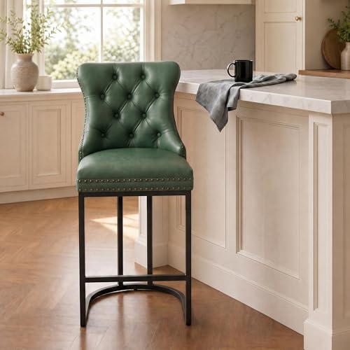 Image of UVV Counter Height Bar Stools Set of 1, 26 inch Modern Barstools with Back, Faux Leather Upholstery Counter Chairs with Metal Legs for Kitchen Island, Bar, Counter, Green