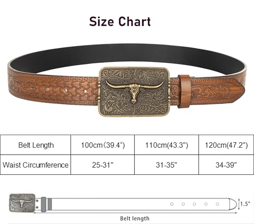 Western Cowboy Leather Belts for Women Men - Longhorn-Bull-Pattern Square-Buckle Belt Floral Engraved for Jeans4