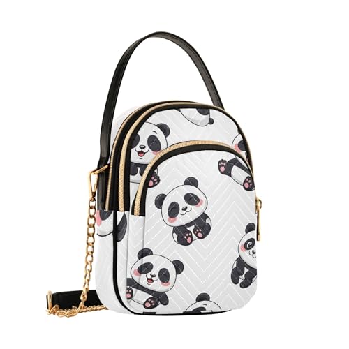 Cute Cartoon Pandas Black White Womens Shoulder Purse Quilted Phone Handbag Small Chain Purse Cute Zipper Crossbody Bowler Bag2