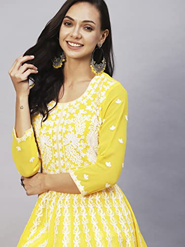 Image of ANNI Designer Women's Georgette Regular Fit Anarkali Chikankari Embroidered Calf Length Kurta Dress