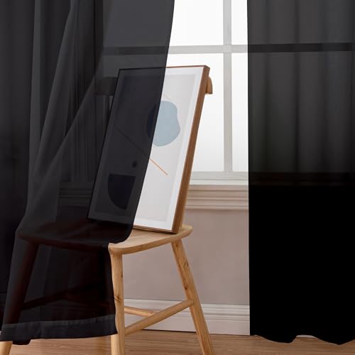 Image of Simplebrand Black Sheer Curtains, 72 inch Length, 2 Panels Set - Light Filtering, Rod Pocket Window Curtains for Bedroom (Black, 59 inch W x 72 inch L)