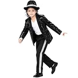 Traje De Estrella Pop NiñO 4-12 AñOs - Conjunto De Baile Con Chaqueta De Lentejuelas Negra Sombrero Y Guantes Estilo AñOs 80/90 Conjunto De Ropa De Escenario Con Lentejuelas Para NiñOs Y NiñAs