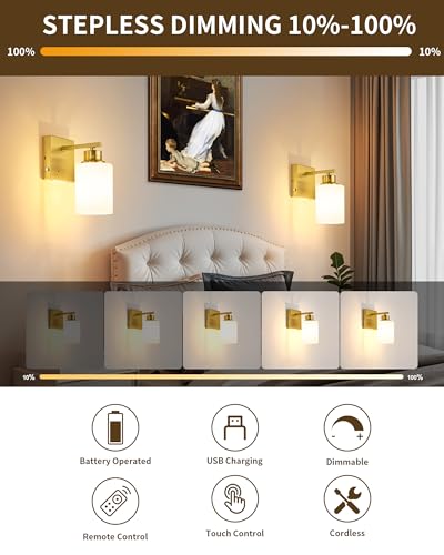 Image of Rayogale Wireless Battery Operated Wall Sconce Set of 2 with Remote Control | Gold Dimmable Rechargeable Wall Lights with Timer, Easy Install White Glass Lamp for Living Room Bedroom, Emergency 3000K