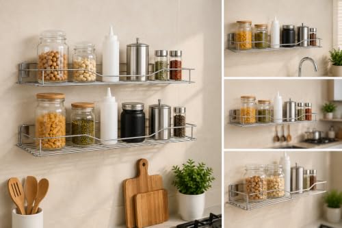 Image of TechSrmaji Stainless Steel Wall Mount Shelf for Kitchen and Bathroom, Heavy Duty Storage Rack, Rustproof, 54x15x5.5 cm, Pack of 2