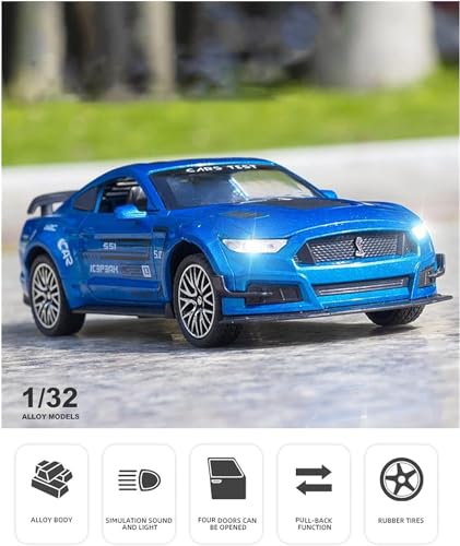 Image of Diecast Metal Model Car 1:32 Scale Mustang GT500 Toy Cars for Kids Sound Light and Pull Back (Blue)