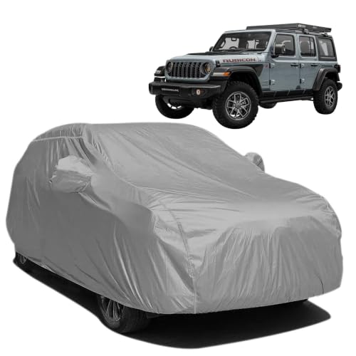Image of BARBARIKA Waterproof Car Body Cover Compatible with Jeep Wrangler | Waterproof, UV Resistant, Dustproof, Mirror Pockets, with Belt & Buckle - (Grey)
