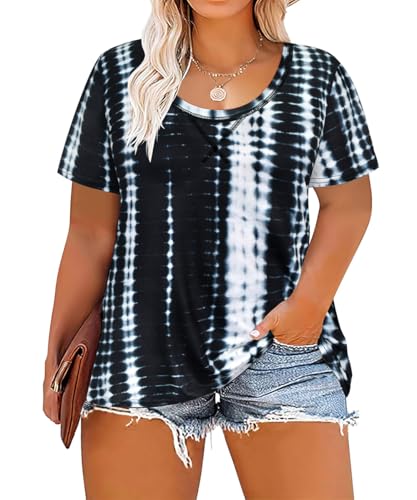 Image of CARCOS Plus Size Tops for Women Short Sleeve Shirt Summer Star /Leopard /Tie Dye /Flower Crewneck Pullover Tunic XL-5XL
