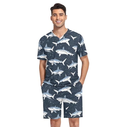 Ocean Shark Men’s Pajama Sets 2 Piece Short Sleeve Sleepwear with Printed Design