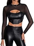 MakeMeChic Women's Faux Leather Crop Tops Y2K Cut Out Mesh Sheer Long Sleeve Mock Neck Tee Shirts Black L