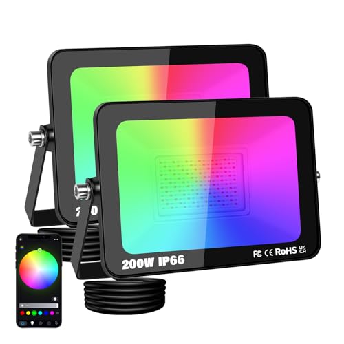 PICAA Foco LED Exterior 200W 20000 lm RGB Inteligente +16M Colores, Control por App/Musical/Temporizador/Modos Escena, Iluminación Jardín Fiestas, Enchufe Europeo (2 Unidad)