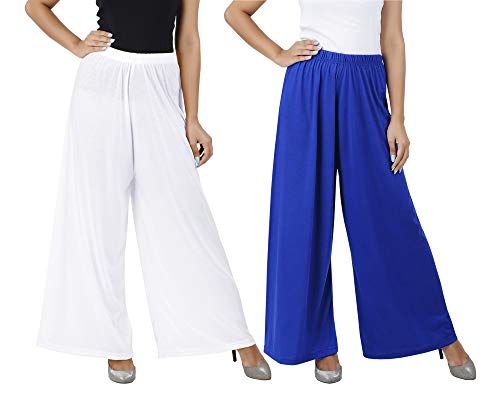 Image of Buy That Trendz M to 4XL Cotton Viscose Loose Fit Flared Wide Leg Palazzo Pants for Women White Royal Blue Combo Pack of 2