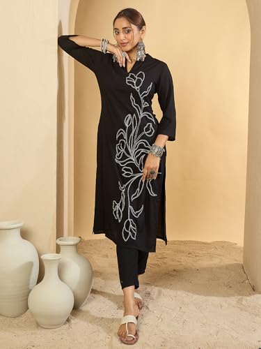 Image of INDO ERA Women Viscose Rayon Straight Fit Straight Floral Embroidered Kurtas