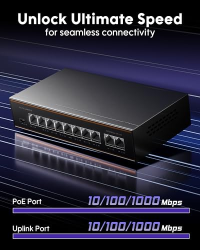 Image of FEDUS NextSwitch-8000FG 10 Port Gigabit PoE Switch (8 PoE+ Ports 1000Mbps, 2 Gigabit Uplink) 130W Built-in Power, IEEE 802.3af /at Active PoE, Unmanaged Metal LAN Network Hub for IP Cameras, NVR, VoIP