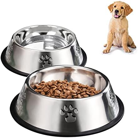 YUDANSI 2 Stainless Steel Dog Bowls, Dog Feeding Bowls, Dog Plate Bowls with Rubber Base,Small Pet Feeder Bowls and Water Bowls .(S-11.8oz)