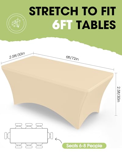 Image of Pureegg Spandex Tablecloth 6ft - 2 Pack, Fitted and Tight Cloth for Rectangle Table, Wrinkle-Free and Stretch Table Cover for Party, Wedding, Banquet and Birthday, Champagne